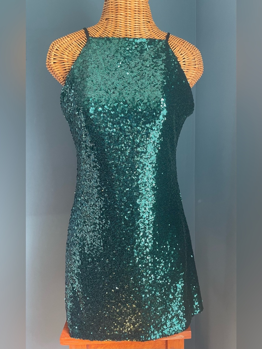 Lulus Casmar Dark Green Sequin Mini Dress Square Neck Size Large EUC